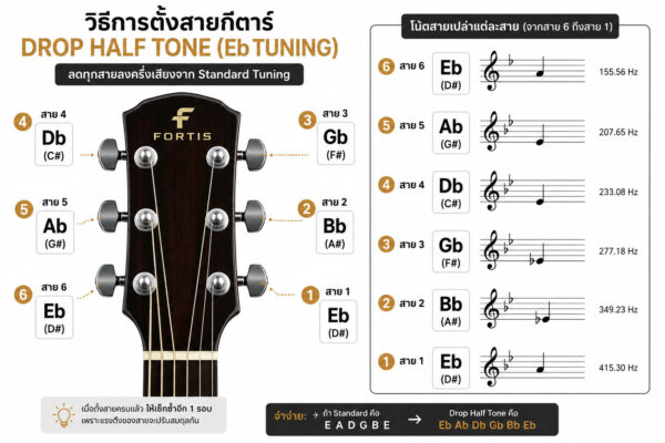 Drop Half Tone / Eb Tuning สำหรับกีตาร์ 6 สาย คือการลดสายทุกสายลง ครึ่งเสียง (½ Step) จาก Standard Tuning